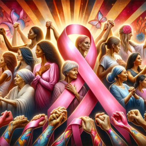 "Empower and inspire with 'United for Hope' by Fantasia Pix, a vibrant breast cancer awareness artwork. Perfect for wall art, canvas prints, and decor."