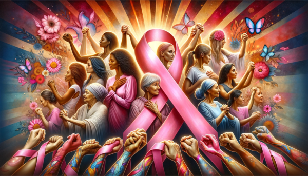 "Empower and inspire with 'United for Hope' by Fantasia Pix, a vibrant breast cancer awareness artwork. Perfect for wall art, canvas prints, and decor."