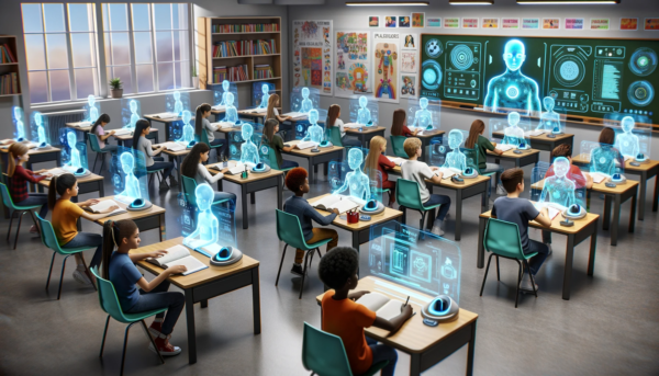 "Future Classroom" by Fantasia Pix: Visionary art of AI and education. Instant $2 download, free license, high-quality PNG for tech-inspired decor.