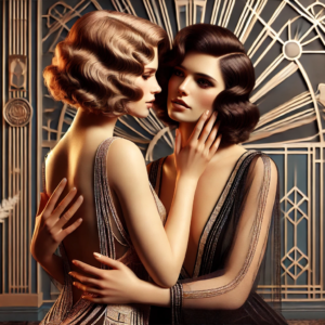 Lesbian art Glamorous Embrace by Fantasia Pix elegant LGBTQ+ wall art high-quality PNG instant download perfect for vintage and modern home decor