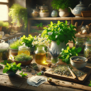 "Herbal Sanctuary" by Fantasia Pix: Serene herb kitchen scene. Instant $2 download, free license, high-quality PNG for wall art and home decor.