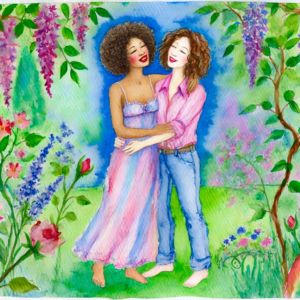 "Love in Bloom" by Fantasia Pix: Heartwarming lesbian art in a vibrant garden. High-quality PNG, instant download, free license, $30. Perfect for wall art, canvas prints, and home decor!