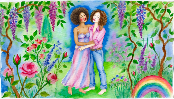 "Love in Bloom" by Fantasia Pix: Heartwarming lesbian art in a vibrant garden. High-quality PNG, instant download, free license, $30. Perfect for wall art, canvas prints, and home decor!