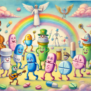 "Vibrant surreal art by Fantasia Pix featuring whimsical pill characters in a lively parade. Perfect for wall art, canvas prints, and home decor."