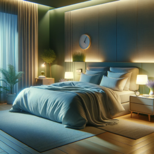 "Serene Bedroom Oasis" by Fantasia Pix: Tranquil bedroom art. Instant $2 download, free license, high-quality PNG for wall art and home decor.