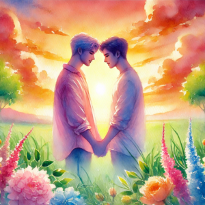 "Sunrise of Love" by Fantasia Pix: Beautiful gay art featuring a couple at sunrise. High-quality PNG, instant download, free license, $30. Perfect for wall art, canvas prints, and home decor!