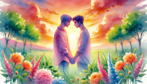 "Sunrise of Love" by Fantasia Pix: Beautiful gay art featuring a couple at sunrise. High-quality PNG, instant download, free license, $30. Perfect for wall art, canvas prints, and home decor!