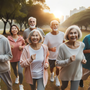 "Heartwarming artwork of active seniors jogging together in a park. Perfect for wellness decor, senior centers, and digital projects. $2 PNG."