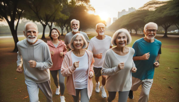 "Heartwarming artwork of active seniors jogging together in a park. Perfect for wellness decor, senior centers, and digital projects. $2 PNG."