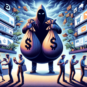 "Striking cyber heist artwork exploring e-commerce risks. Ideal for tech decor, digital content, and offices. $2 high-quality PNG download."