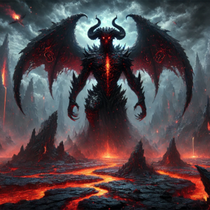 Epic dark fantasy artwork featuring a powerful demon in a fiery apocalyptic landscape. Perfect for wall art, canvas prints, and home decor.