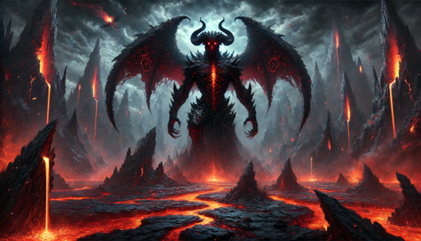 Epic dark fantasy artwork featuring a powerful demon in a fiery apocalyptic landscape. Perfect for wall art, canvas prints, and home decor.