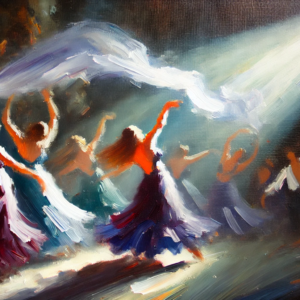 Expressive dance artwork with vibrant colors and dynamic light, perfect for wall art or canvas prints. High-quality PNG download for $60.