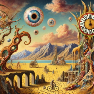 Surreal dreamscape artwork blending time and space with vivid colors and whimsical elements. Perfect for wall art or canvas prints, high-quality PNG.