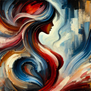 Vibrant abstract art of a feminine silhouette with flowing colors. Perfect for wall art or canvas prints, high-quality PNG download for $60.