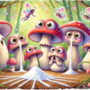 Whimsical fantasy art of playful mushrooms in a magical forest, perfect for wall art or canvas prints. High-quality PNG download for $60.