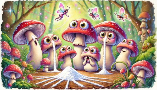 Whimsical fantasy art of playful mushrooms in a magical forest, perfect for wall art or canvas prints. High-quality PNG download for $60.