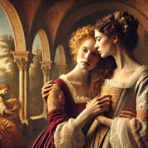 Lesbian art Whispering Affections by Fantasia Pix Renaissance-inspired LGBTQ+ wall art high-quality PNG instant download perfect for home decor