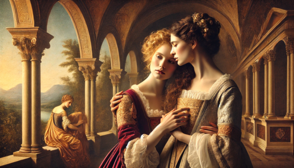 Lesbian art Whispering Affections by Fantasia Pix Renaissance-inspired LGBTQ+ wall art high-quality PNG instant download perfect for home decor