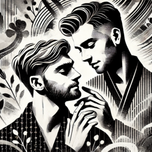 Gay art Whispers of Love by Fantasia Pix black-and-white LGBTQ+ wall art high-quality PNG instant download ideal for modern home decor and canvas prints