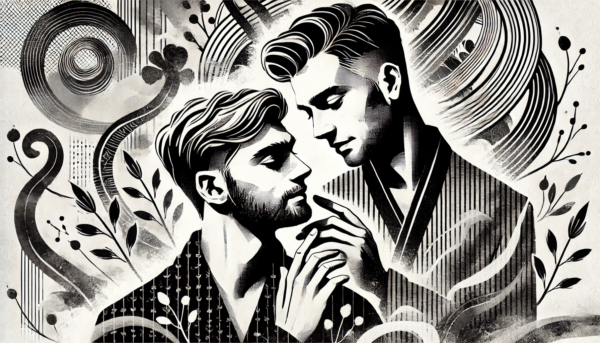 Gay art Whispers of Love by Fantasia Pix black-and-white LGBTQ+ wall art high-quality PNG instant download ideal for modern home decor and canvas prints